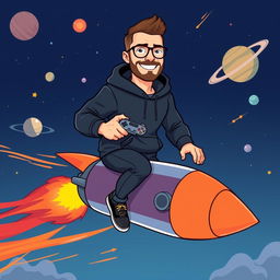 A cartoon-style illustration of a man resembling a blend of modern tech entrepreneur aesthetics, wearing a black hoodie, riding a rocket