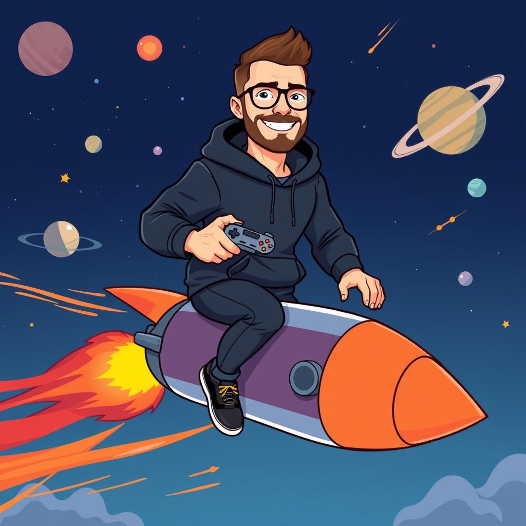 A cartoon-style illustration of a man resembling a blend of modern tech entrepreneur aesthetics, wearing a black hoodie, riding a rocket