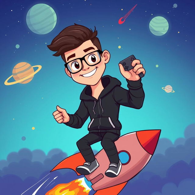 A cartoon-style illustration of a man resembling a blend of modern tech entrepreneur aesthetics, wearing a black hoodie, riding a rocket