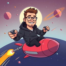 A cartoon-style illustration of a man resembling a blend of modern tech entrepreneur aesthetics, wearing a black hoodie, riding a rocket