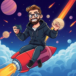 A cartoon-style illustration of a man resembling a blend of modern tech entrepreneur aesthetics, wearing a black hoodie, riding a rocket