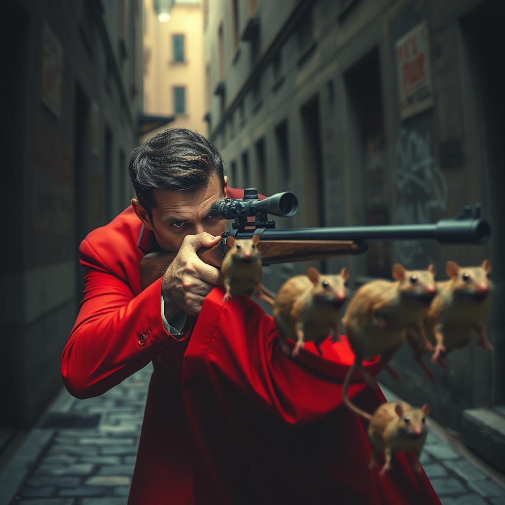 A man in a striking red suit, focused and determined, is expertly aiming a sniper rifle at a group of fast-running rats in an urban environment