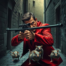 A man in a striking red suit, focused and determined, is expertly aiming a sniper rifle at a group of fast-running rats in an urban environment