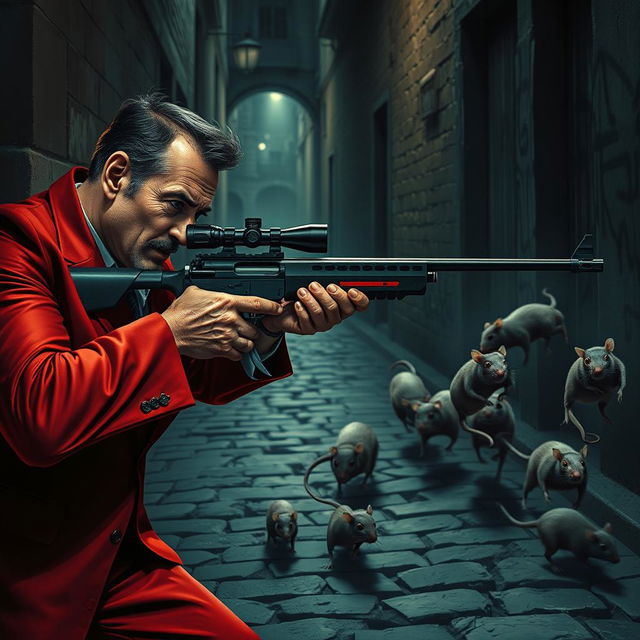 A man in a striking red suit, focused and determined, is expertly aiming a sniper rifle at a group of fast-running rats in an urban environment