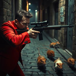 A man in a striking red suit, focused and determined, is expertly aiming a sniper rifle at a group of fast-running rats in an urban environment