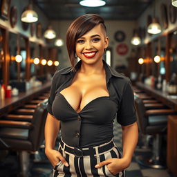 A sexy chubby female barber with a buzzcut hairstyle, showcasing her small breasts