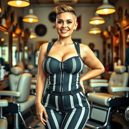A sexy chubby female barber with a buzzcut hairstyle, showcasing her small breasts
