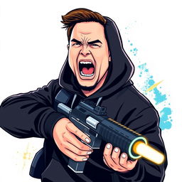 A vector style illustration of a man resembling Elon Musk dressed in a black hoodie, holding a gun and screaming