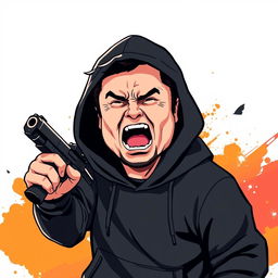 A vector style illustration of a man resembling Elon Musk dressed in a black hoodie, holding a gun and screaming
