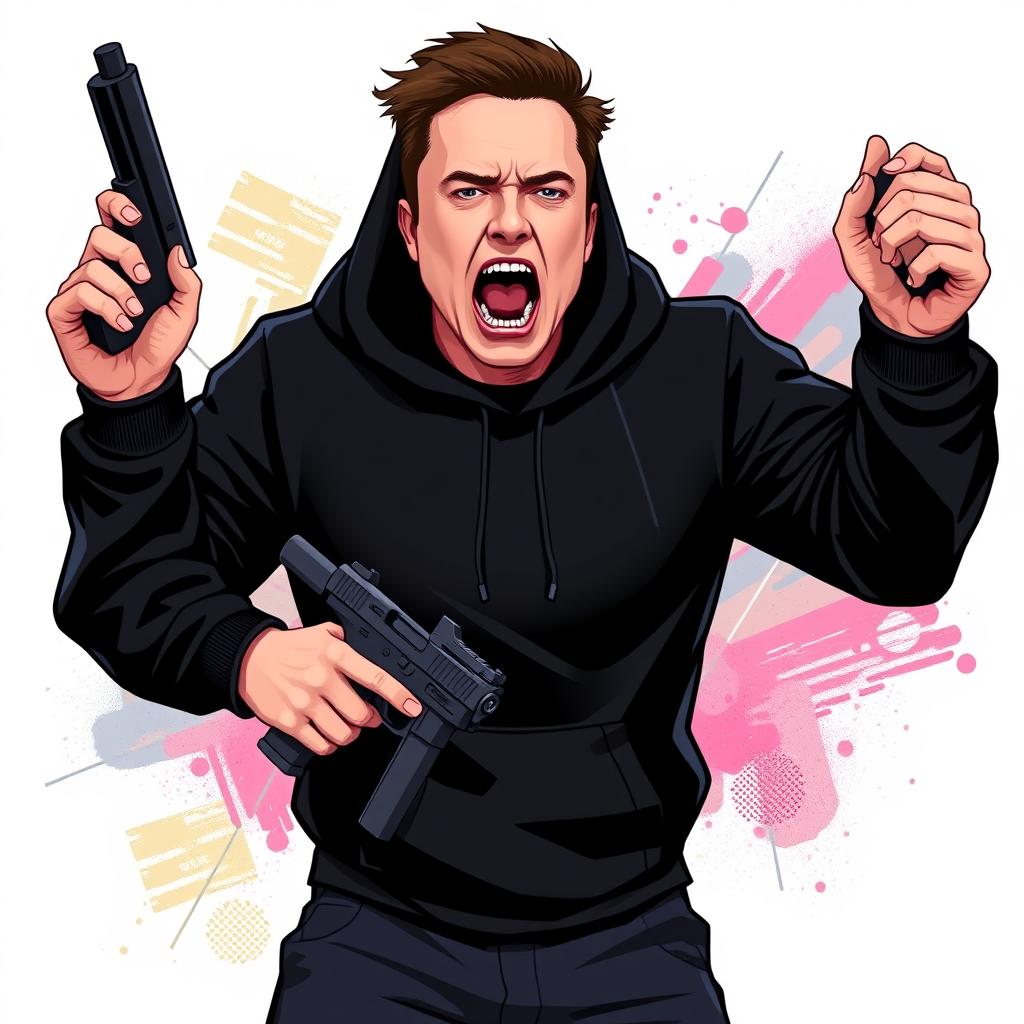 A vector style illustration of a man resembling Elon Musk dressed in a black hoodie, holding a gun and screaming