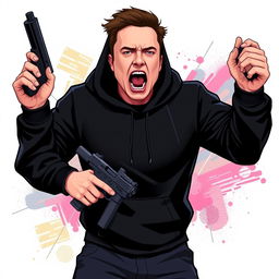 A vector style illustration of a man resembling Elon Musk dressed in a black hoodie, holding a gun and screaming