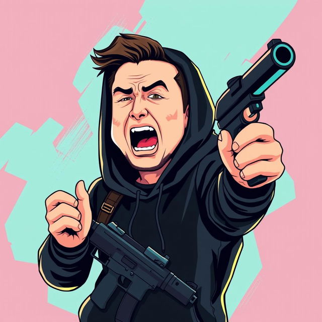 A vector style illustration of a man resembling Elon Musk dressed in a black hoodie, holding a gun and screaming