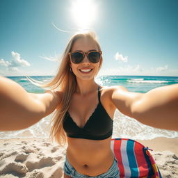 A teenage blonde girl at the beach, wearing a stylish black bra and denim shorts, playfully taking a selfie
