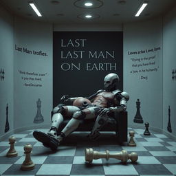 A poignant scene inside a room with walls adorned with the phrase "Last Man on Earth"