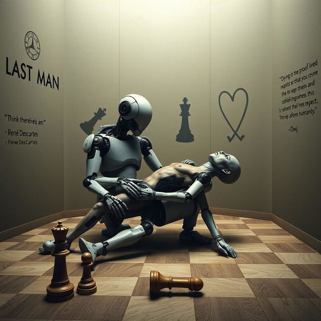 A poignant scene inside a room with walls adorned with the phrase "Last Man on Earth"