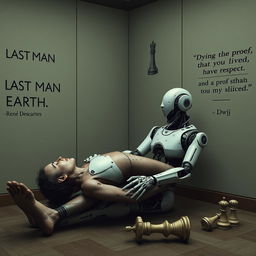 A poignant scene inside a room with walls adorned with the phrase "Last Man on Earth"