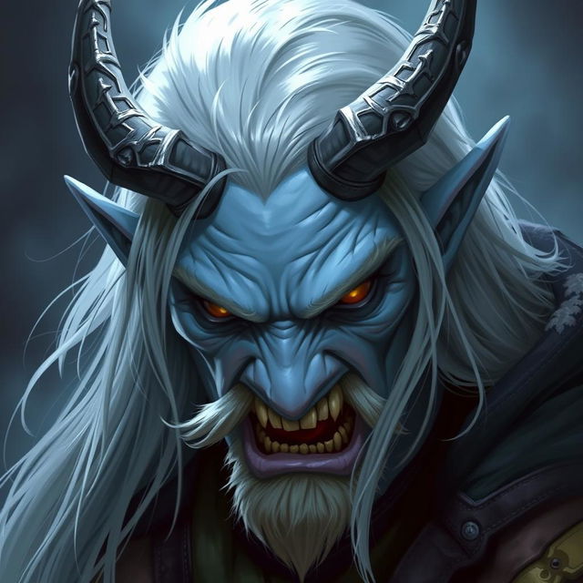 A Tiefling from Dungeons & Dragons with light blue skin, long silver hair, and a wicked expression on their face