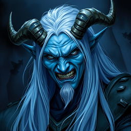A Tiefling from Dungeons & Dragons with light blue skin, long silver hair, and a wicked expression on their face