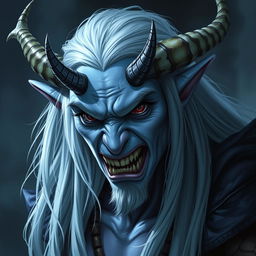 A Tiefling from Dungeons & Dragons with light blue skin, long silver hair, and a wicked expression on their face