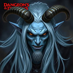 A Tiefling from Dungeons & Dragons with light blue skin, long silver hair, and a wicked expression on their face