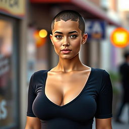 A full-length photorealistic portrait of a curvy girl with a buzzcut hairstyle
