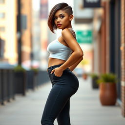A full-length photorealistic portrait of a curvy girl with a buzzcut hairstyle