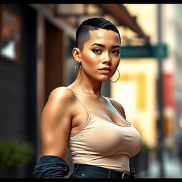 A full-length photorealistic portrait of a curvy girl with a buzzcut hairstyle