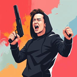 A stylized vector image of a determined man resembling Elon Musk, dressed in a sleek black hoodie, holding a gun in one hand while passionately shouting