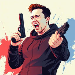 A stylized vector image of a determined man resembling Elon Musk, dressed in a sleek black hoodie, holding a gun in one hand while passionately shouting