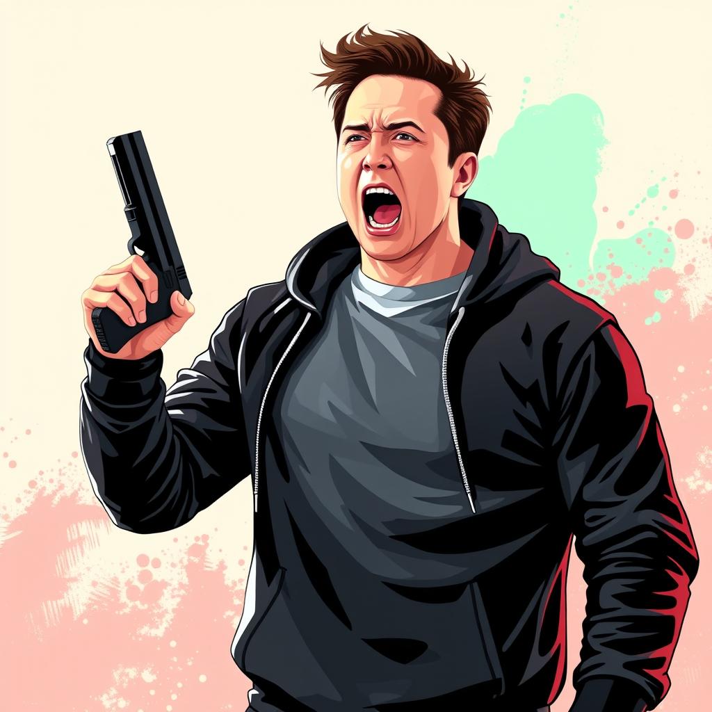 A stylized vector image of a determined man resembling Elon Musk, dressed in a sleek black hoodie, holding a gun in one hand while passionately shouting