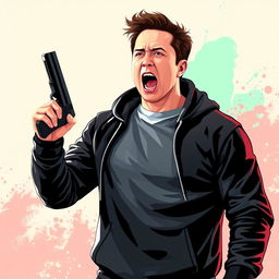 A stylized vector image of a determined man resembling Elon Musk, dressed in a sleek black hoodie, holding a gun in one hand while passionately shouting