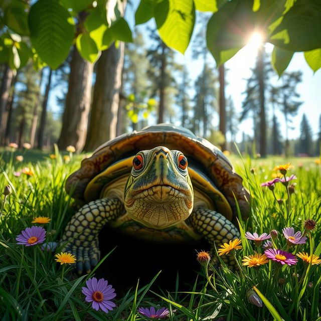 A turtle that has fallen into a deep, round hole, looking bewildered