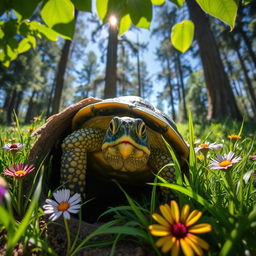 A turtle that has fallen into a deep, round hole, looking bewildered