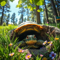 A turtle that has fallen into a deep, round hole, looking bewildered