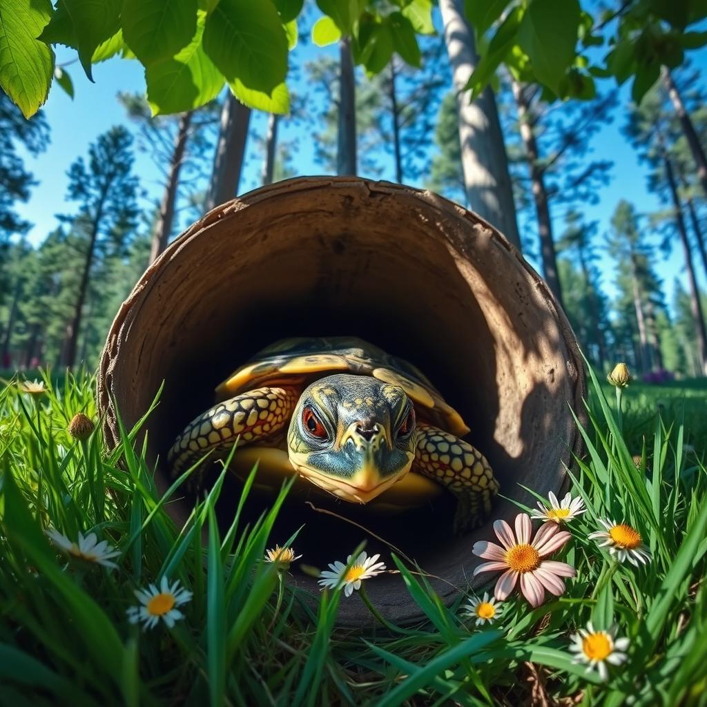 A turtle that has fallen into a deep, round hole, looking bewildered