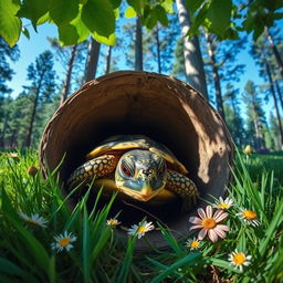 A turtle that has fallen into a deep, round hole, looking bewildered