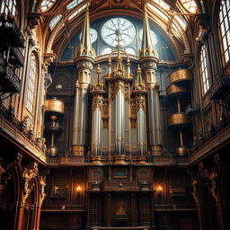 A magnificent steampunk palace in London, featuring intricate brass and copper machinery integrated into the architecture