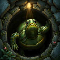 A turtle trapped inside a deep well, looking distressed