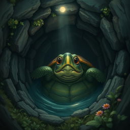 A turtle trapped inside a deep well, looking distressed