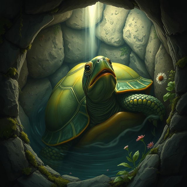 A turtle trapped inside a deep well, looking distressed