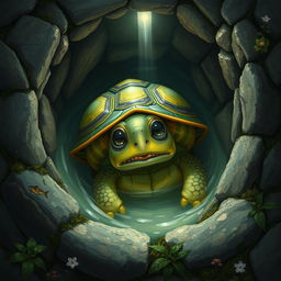 A turtle trapped inside a deep well, looking distressed