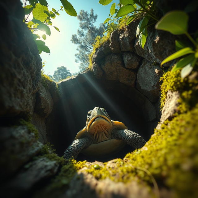 A view of a turtle trapped inside a well, seen from above the well's edge