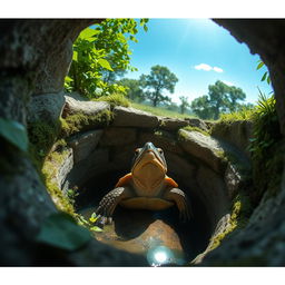 A view of a turtle trapped inside a well, seen from above the well's edge