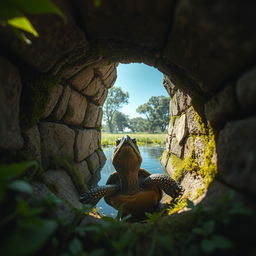 A view of a turtle trapped inside a well, seen from above the well's edge