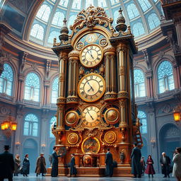 A magnificent steampunk palace organ clock, intricately designed with brass gears, vintage dials, and ornate embellishments