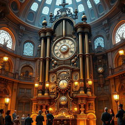A magnificent steampunk palace organ clock, intricately designed with brass gears, vintage dials, and ornate embellishments
