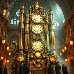 A magnificent steampunk palace organ clock, intricately designed with brass gears, vintage dials, and ornate embellishments