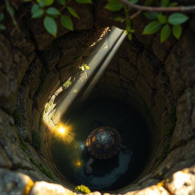 A turtle trapped at the bottom of a well, viewed from above the well's rim