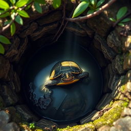 A turtle trapped at the bottom of a well, viewed from above the well's rim