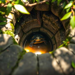 A turtle trapped at the bottom of a well, viewed from above the well's rim